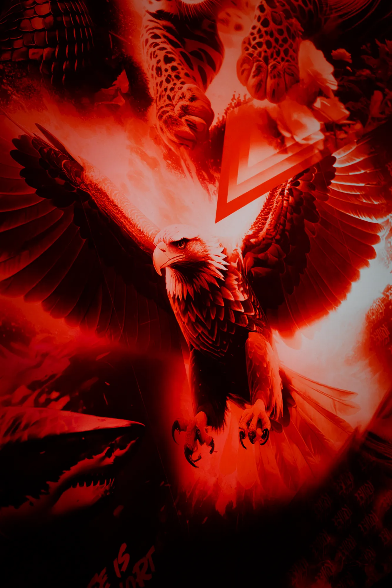 Red-lit eagle mural at Birdy nightclub